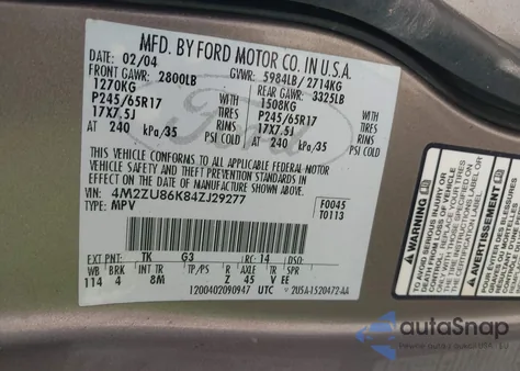 2004 Mercury Mountaineer из США, поврежденный, VIN 4M2ZU86K84ZJ29277